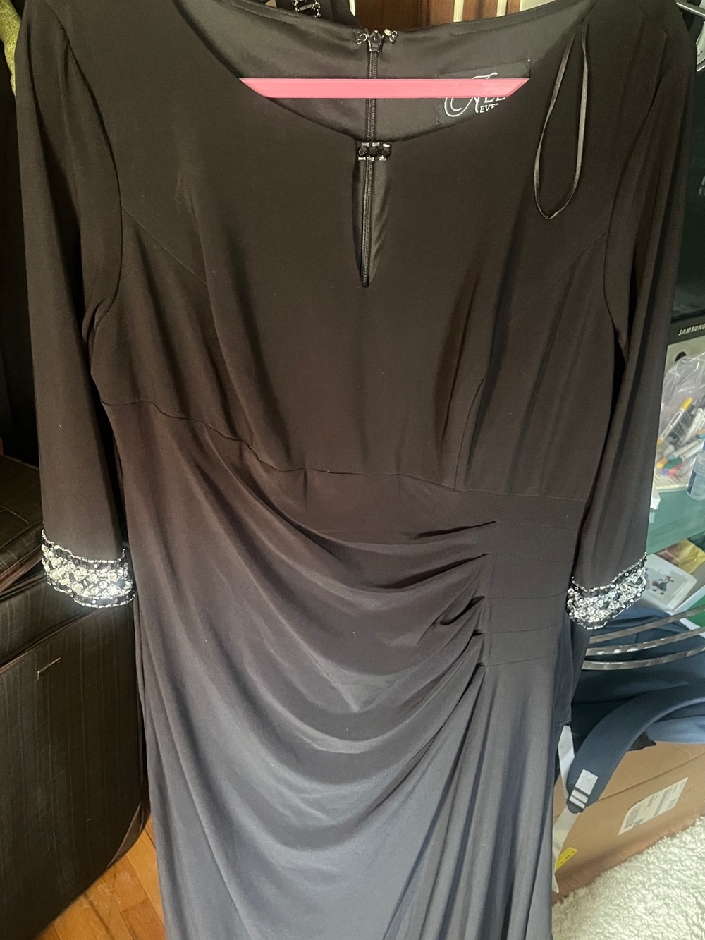 Alex Evenings Black Long Sleeve Evening Gown with Beaded Cuffs